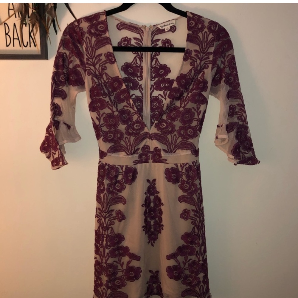 For love and lemons mini dress tan and red lace detail